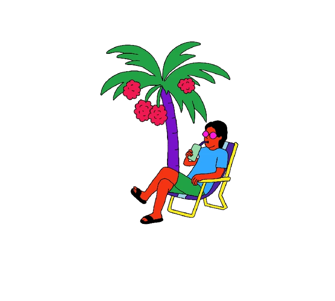 artistic drawing of a satisfied Nu Day customer relaxing on a beach chair under a fantastic fruit tree