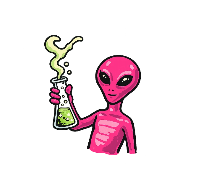 Drawing of pink Nu Day alien holding up a beaker that is filled with green liquid and smoking