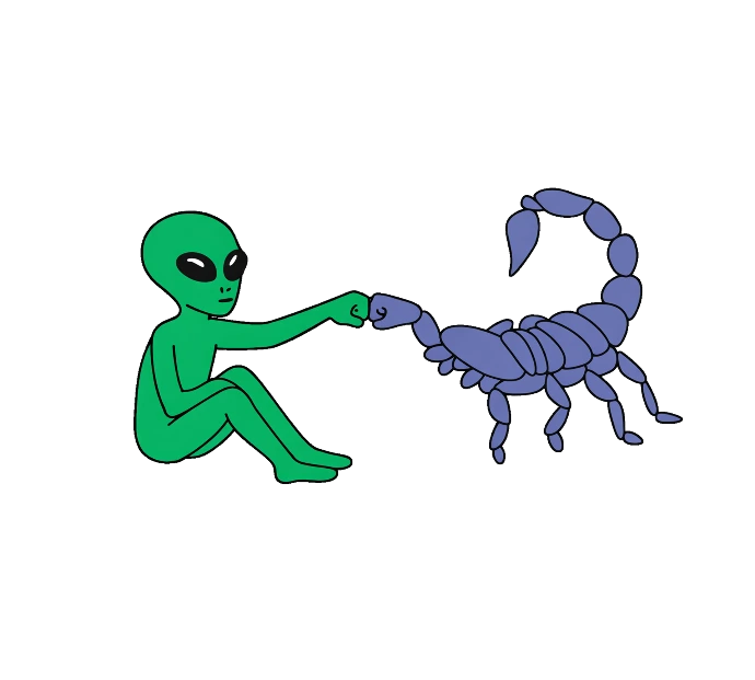 Drawing of the green Nu Day Alien and the Nu Day scorpion doing a fist bump
